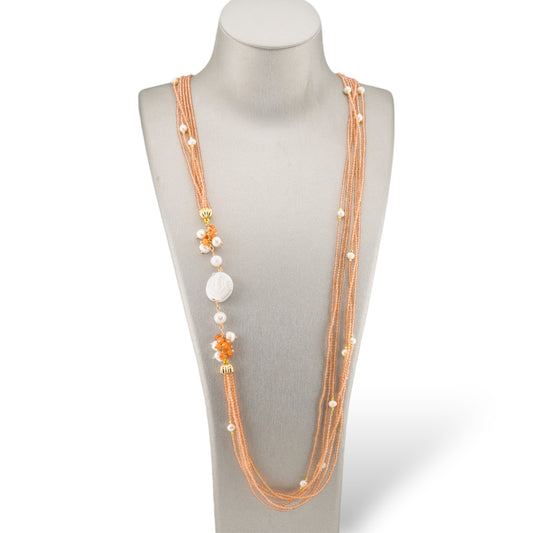 Collana Bijoux Con Pietre Dure, Zirconi Diamond Cut a 6 Fili, Perle Di Fiume Barocche 90cm Champagne