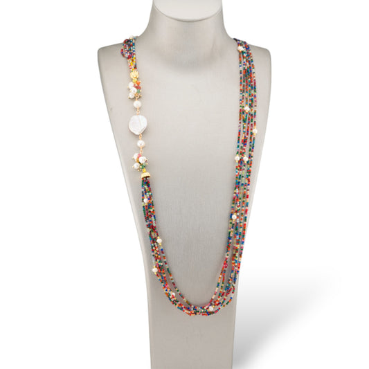 Collana Bijoux Con Pietre Dure, Zirconi Diamond Cut a 6 Fili, Perle Di Fiume Barocche 90cm Multicolor