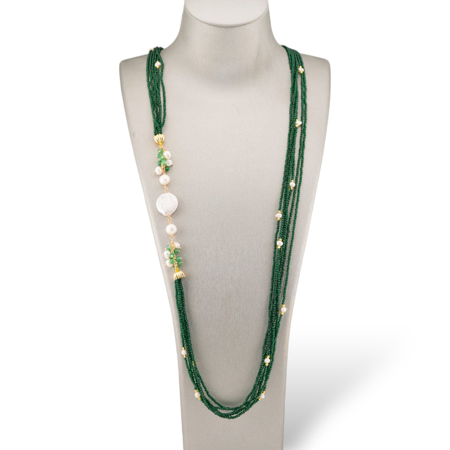 Collana Bijoux Con Pietre Dure, Zirconi Diamond Cut a 6 Fili, Perle Di Fiume Barocche 90cm Verde Smeraldo