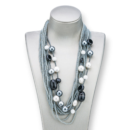 Collana Bijoux Con Pietre Perle E Cristalli Multifilo 50cm MOD3 Grigio