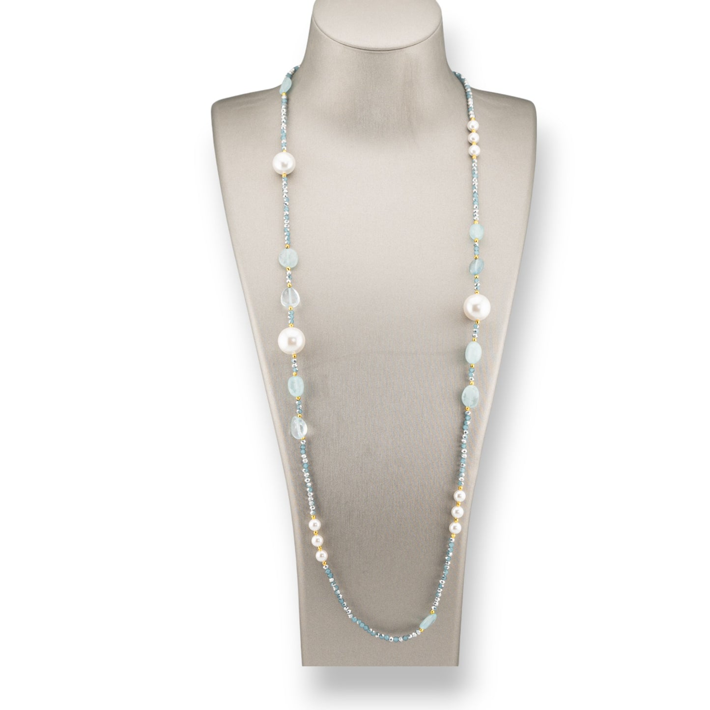 CZ Crystal Bijoux Necklace With Mallorca Pearls Hard Stones And Hematite 90cm Aqua