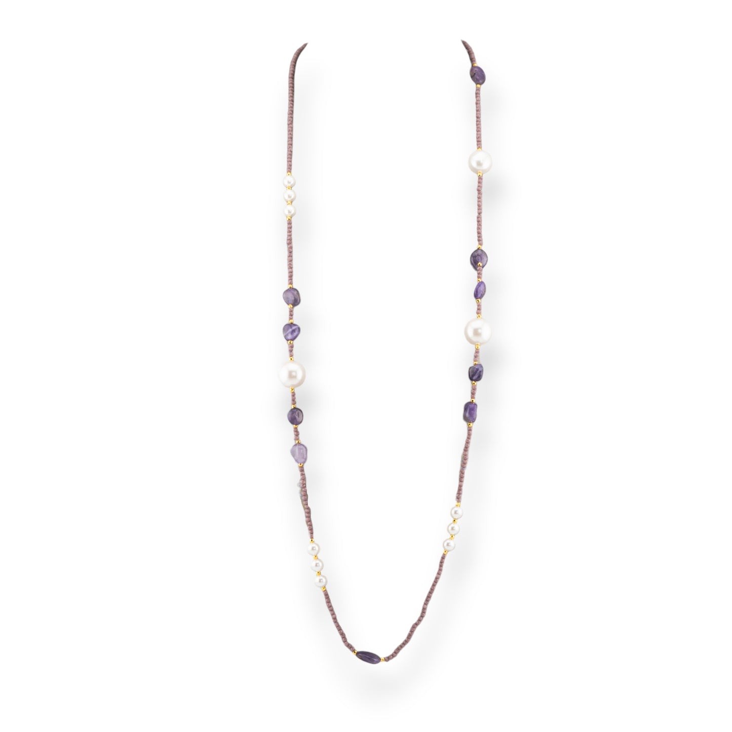 CZ Crystal Bijoux Necklace With Mallorca Pearls Hard Stones And Hematite 90cm Amethyst