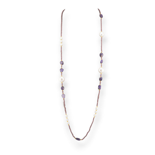 CZ Crystal Bijoux Necklace With Mallorca Pearls Hard Stones And Hematite 90cm Amethyst