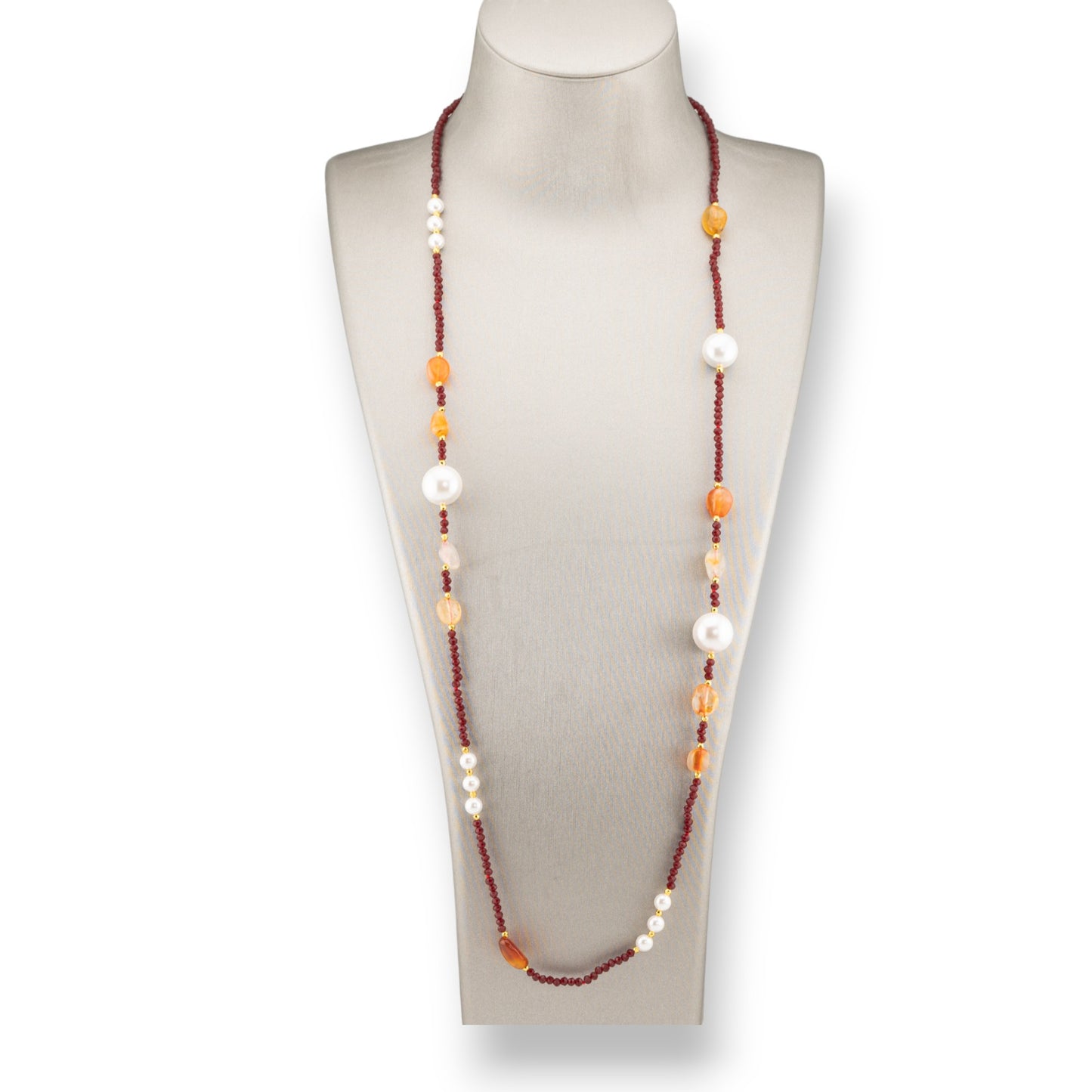 CZ Crystal Bijoux Necklace With Mallorca Pearls Hard Stones And Hematite 90cm Carnelian