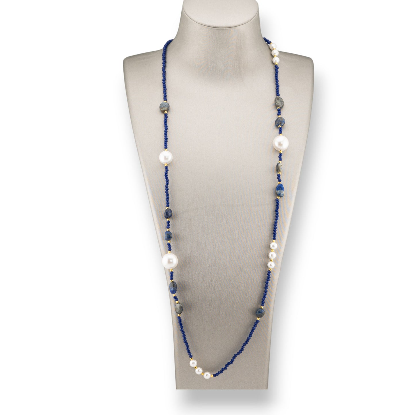 CZ Crystal Bijoux Necklace With Mallorca Pearls Hard Stones And Hematite 90cm Lapis