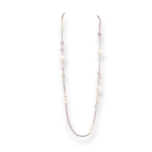 CZ Crystal Bijoux Necklace With Mallorca Pearls Hard Stones And Hematite 90cm Lavender