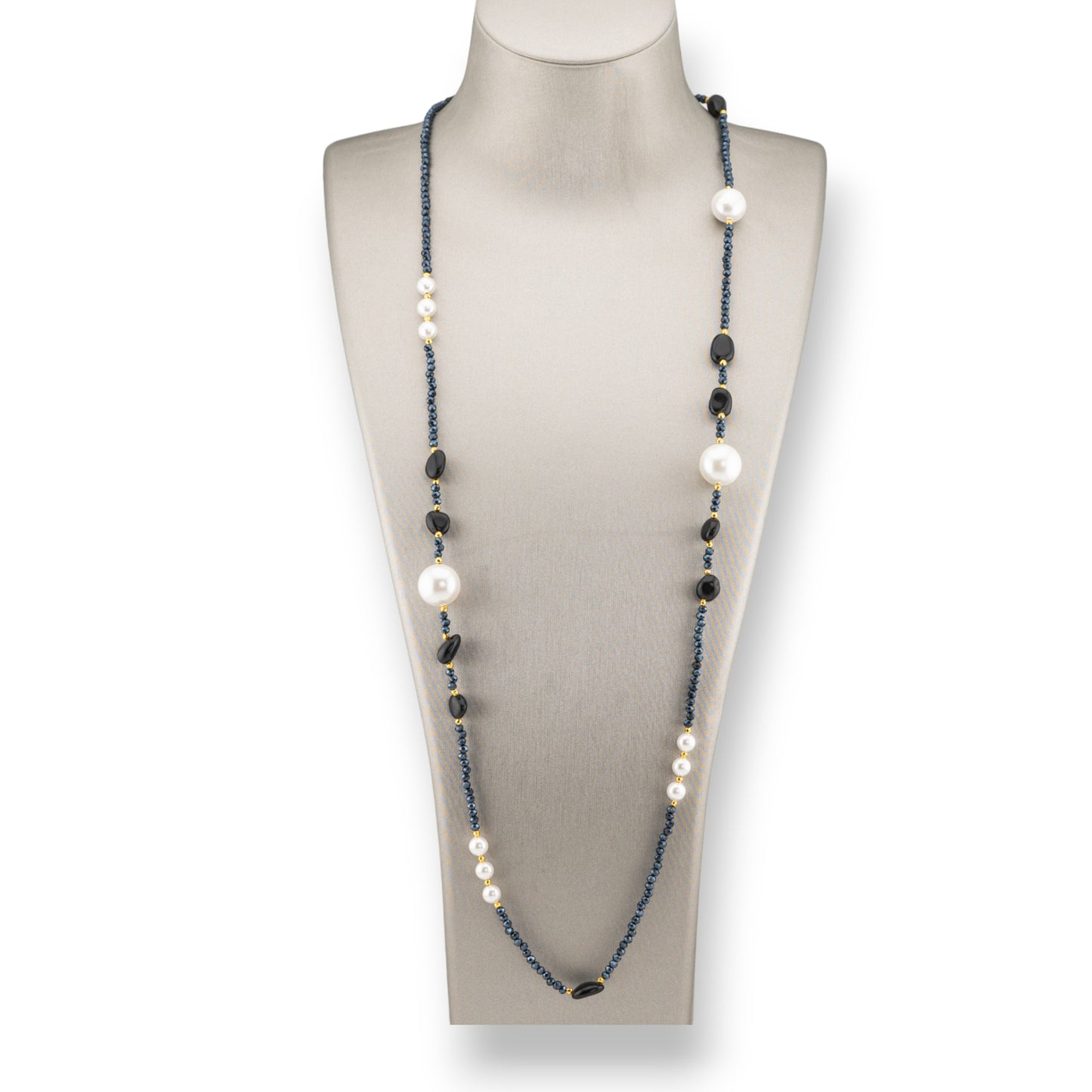 CZ Crystal Bijoux Necklace With Mallorca Pearls Hard Stones And Hematite 90cm Onyx