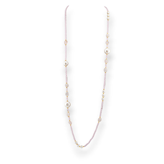 CZ Crystal Bijoux Necklace With Mallorca Pearls Hard Stones And Hematite 90cm Pink