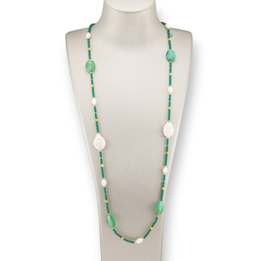 CZ Crystals Bijoux Necklace With Hard Stones And Baroque Pearls With Hematite 90cm Green Agate