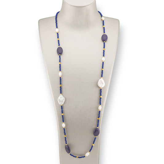 CZ Crystals Bijoux Necklace With Hard Stones And Baroque Pearls With Hematite 90cm Blue