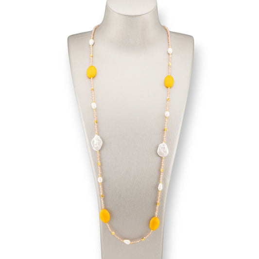 CZ Crystals Bijoux Necklace With Hard Stones And Baroque Pearls With Hematite 90cm Yellow