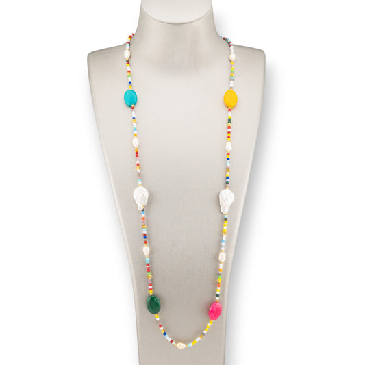 CZ Crystals Bijoux Necklace With Hard Stones And Baroque Pearls With Hematite 90cm Mix