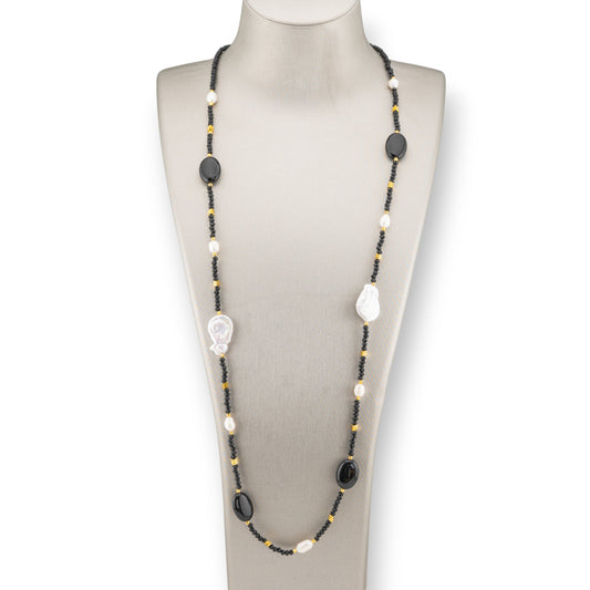 CZ Crystals Bijoux Necklace With Hard Stones And Baroque Pearls With Hematite 90cm Black