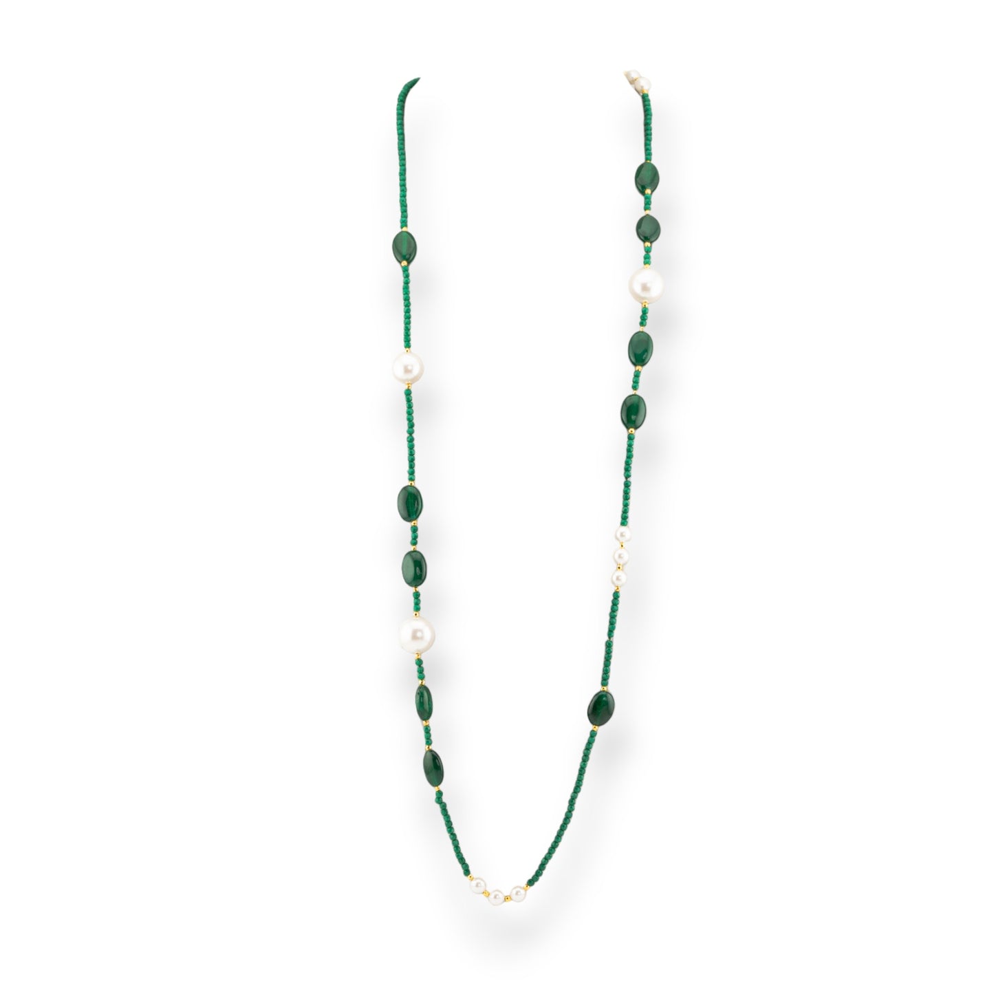 CZ Crystals Bijoux Necklace With Hard Stones And Baroque Pearls With Hematite 90cm Green