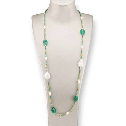 CZ Crystals Bijoux Necklace With Hard Stones And Baroque Pearls With Hematite 90cm Green