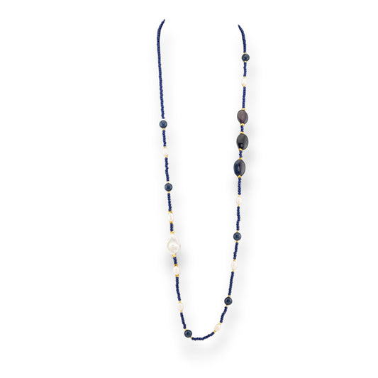 CZ Crystal Bijoux Necklace With Hard Stones And Flat Baroque River Pearls With Hematite 90cm Blue