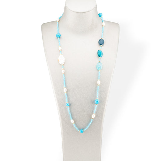 CZ Crystal Bijoux Necklace With Hard Stones And Flat Baroque River Pearls With Hematite 90cm Light Blue