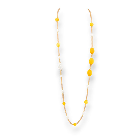 CZ Crystal Bijoux Necklace With Hard Stones And Flat Baroque River Pearls With Hematite 90cm Yellow