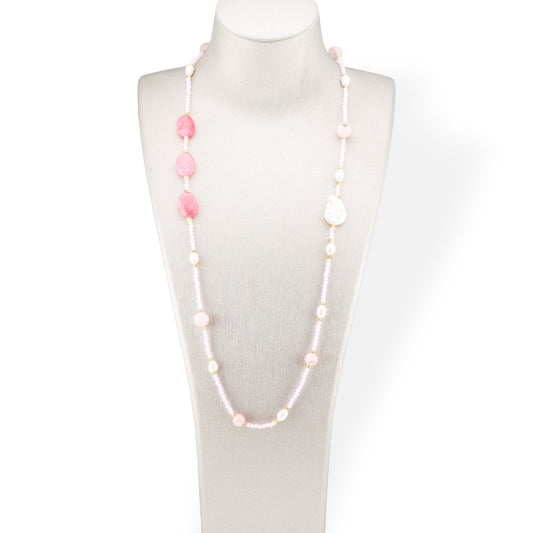 CZ Crystal Bijoux Necklace With Hard Stones And Flat Baroque River Pearls With Hematite 90cm Pink