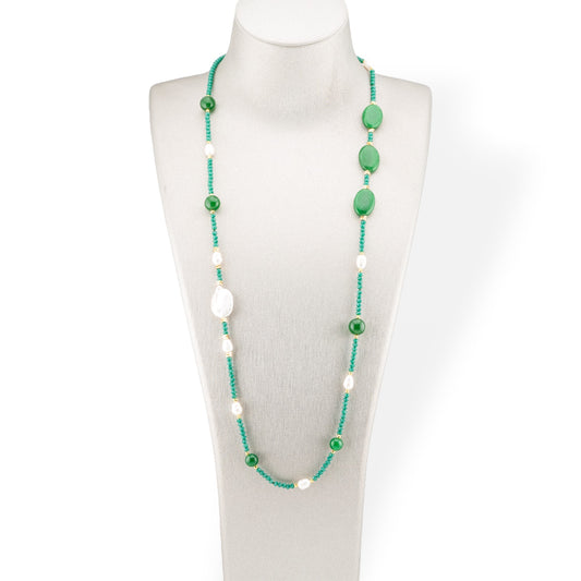 CZ Crystal Bijoux Necklace With Hard Stones And Flat Baroque River Pearls With Hematite 90cm Light Green