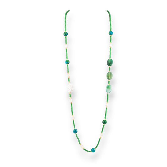 CZ Crystal Bijoux Necklace With Hard Stones And Flat Baroque River Pearls With Hematite 90cm Green