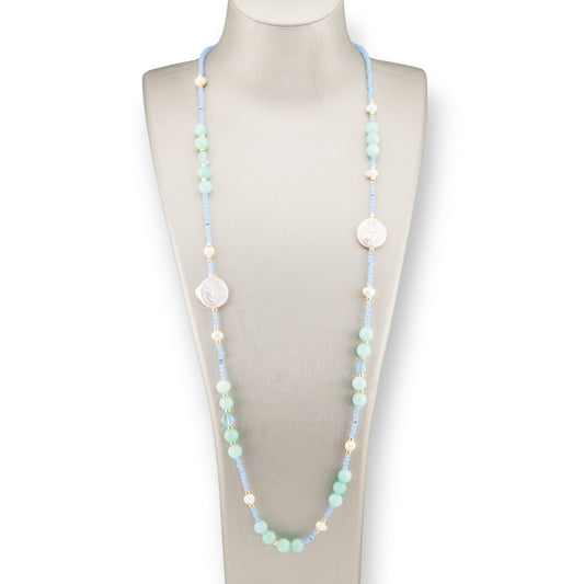 CZ Crystal Bijoux Necklace With Hard Stones, Flat Baroque Pearls And Hematite 90cm Light Blue