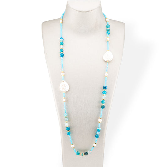 CZ Crystal Bijoux Necklace With Hard Stones, Flat Baroque Pearls And Hematite 90cm Light Blue