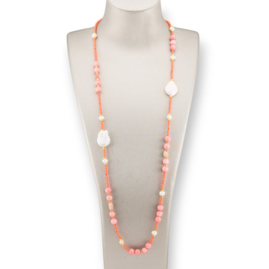 CZ Crystal Bijoux Necklace With Hard Stones, Flat Baroque Pearls And Hematite 90cm Coral