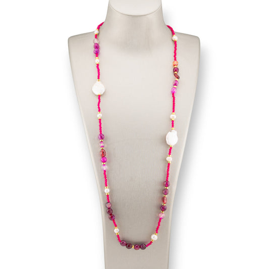 CZ Crystal Bijoux Necklace With Hard Stones, Flat Baroque Pearls And Hematite 90cm Fuchsia