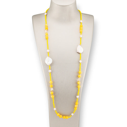 CZ Crystal Bijoux Necklace With Hard Stones, Flat Baroque Pearls And Hematite 90cm Yellow