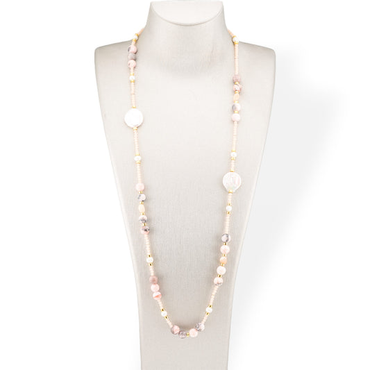 CZ Crystals Bijoux Necklace With Hard Stones, Flat Baroque Pearls And Hematite 90cm Pink Opal