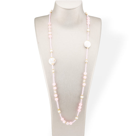 CZ Crystals Bijoux Necklace With Hard Stones, Flat Baroque Pearls And Hematite 90cm Pink