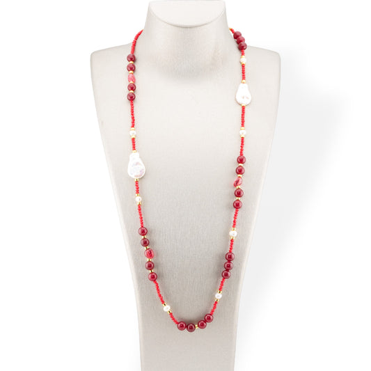 CZ Crystal Bijoux Necklace With Hard Stones, Flat Baroque Pearls And Hematite 90cm Red