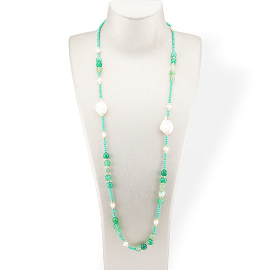 CZ Crystal Bijoux Necklace With Hard Stones, Flat Baroque Pearls And Hematite 90cm Light Green