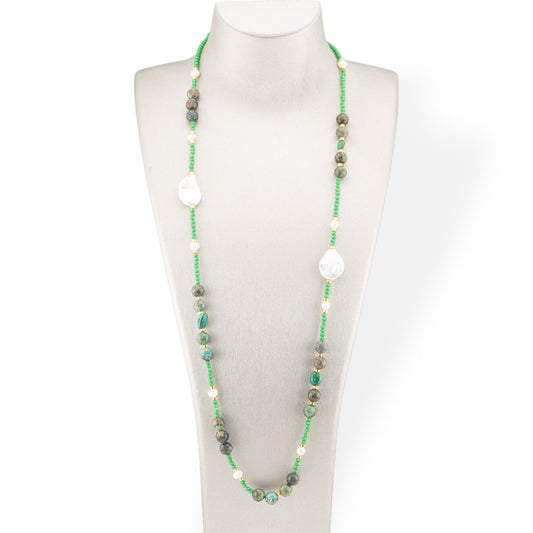 CZ Crystal Bijoux Necklace With Hard Stones, Flat Baroque Pearls And Hematite 90cm Green