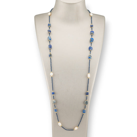 CZ Crystal Bijoux Necklace With Hard Stones, River Pearls And Hematite 90cm Blue Lapis Lazuli