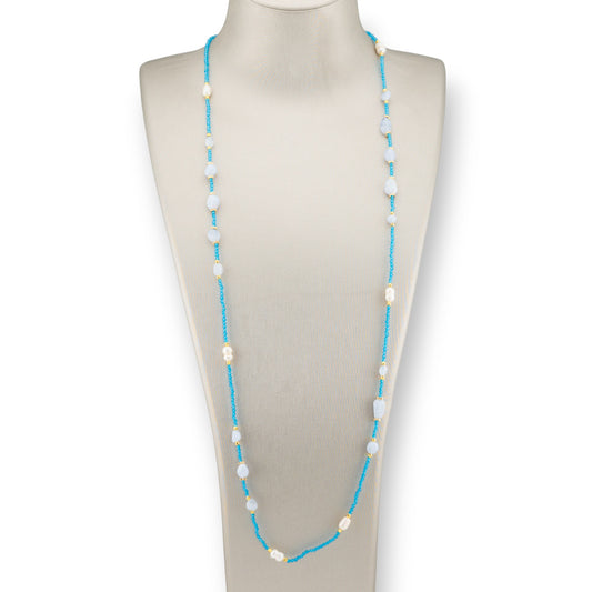 CZ Crystal Bijoux Necklace With Hard Stones, River Pearls And Hematite 90cm Light Blue