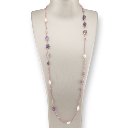 CZ Crystal Bijoux Necklace With Hard Stones, River Pearls And Hematite 90cm Lavender