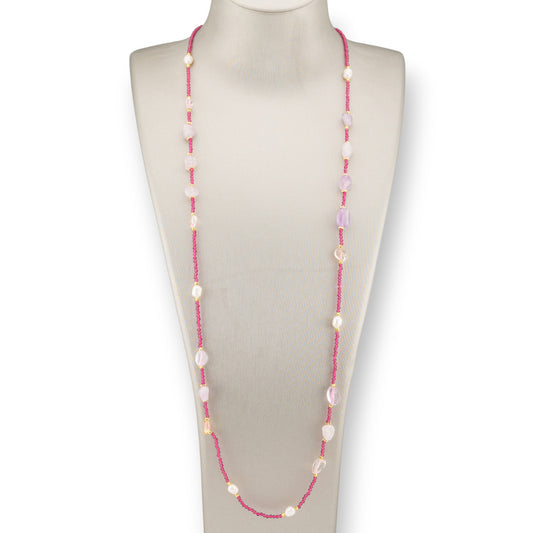 CZ Crystal Bijoux Necklace With Hard Stones, River Pearls And Hematite 90cm Light Ruby