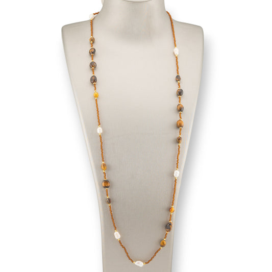 CZ Crystal Bijoux Necklace With Hard Stones, River Pearls And Hematite 90cm Brown