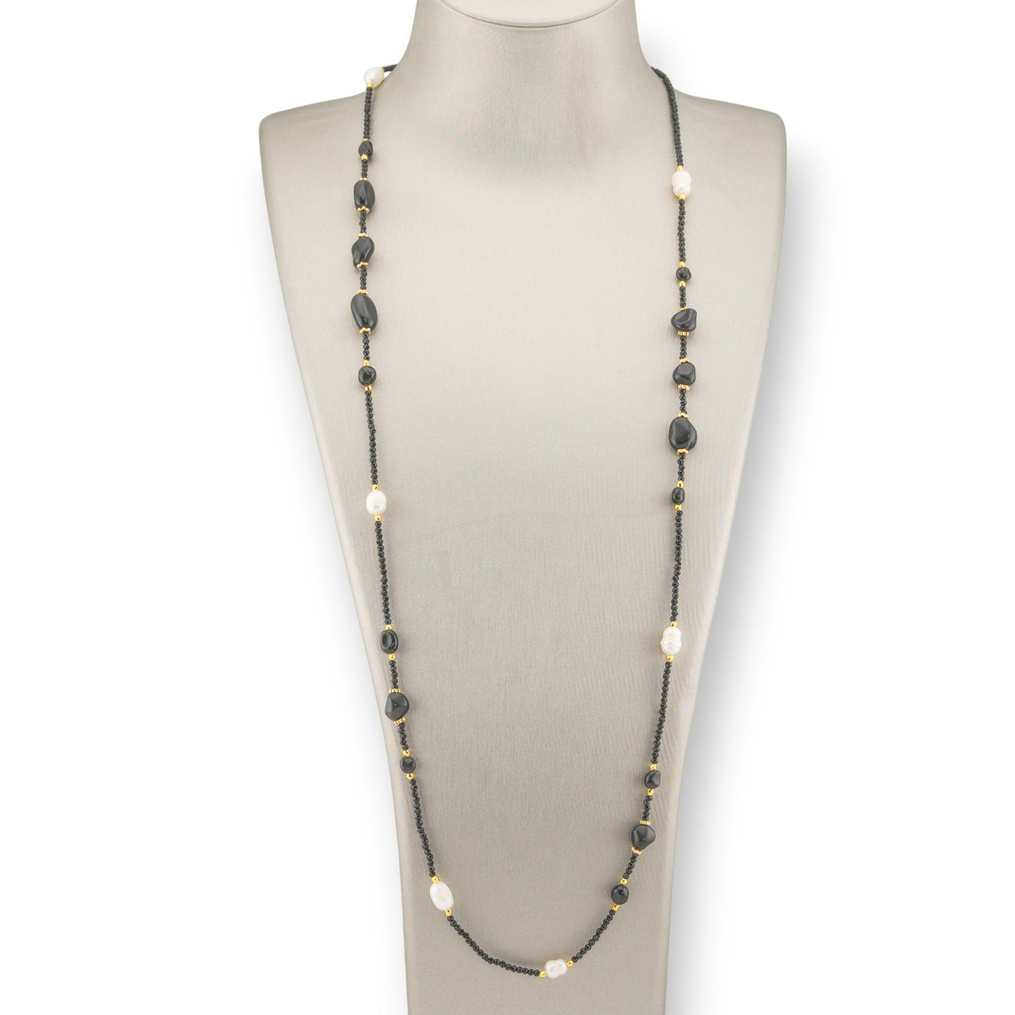 CZ Crystal Bijoux Necklace With Hard Stones, River Pearls And Hematite 90cm Black