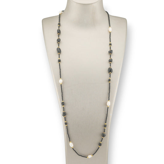 CZ Crystal Bijoux Necklace With Hard Stones, River Pearls And Hematite 90cm Black