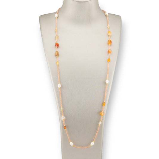 CZ Crystal Bijoux Necklace With Hard Stones, River Pearls And Hematite 90cm Peach