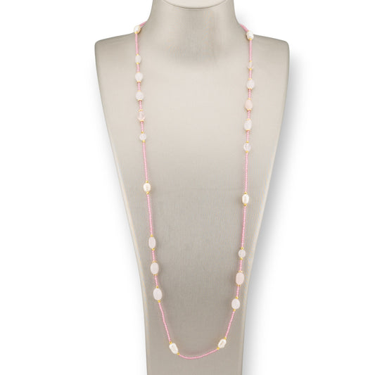 CZ Crystal Bijoux Necklace With Hard Stones, River Pearls And Hematite 90cm Pink