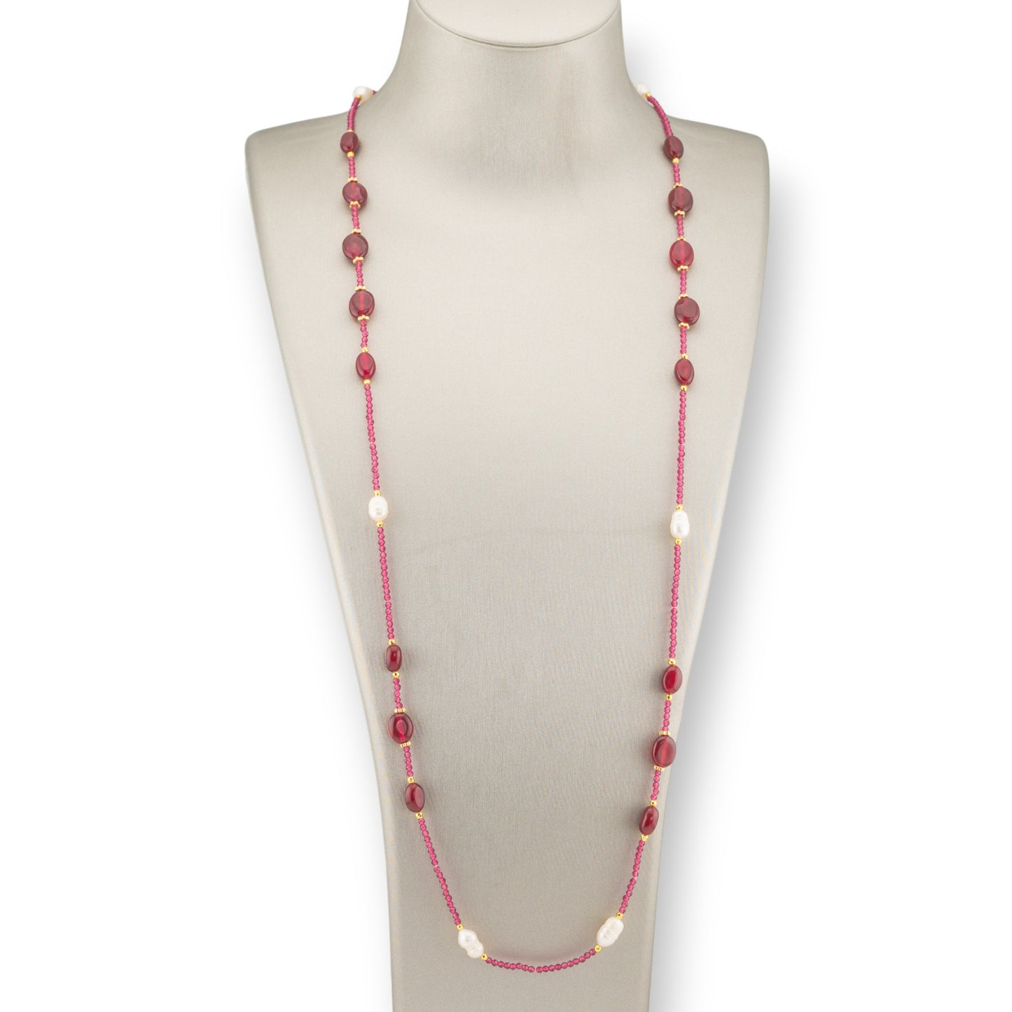 CZ Crystal Bijoux Necklace With Hard Stones, River Pearls And Hematite 90cm Ruby Red