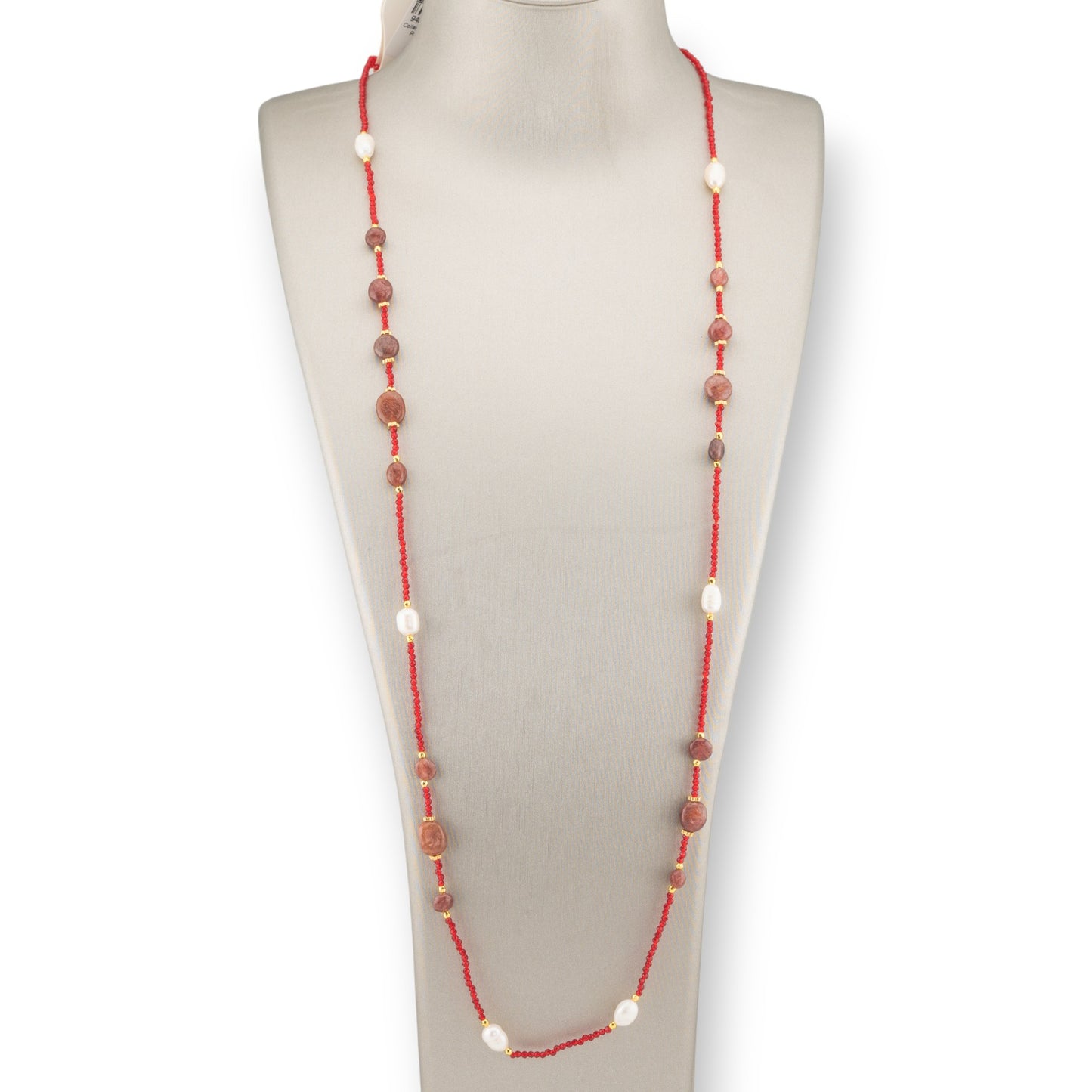 CZ Crystal Bijoux Necklace With Hard Stones, River Pearls And Hematite 90cm Red