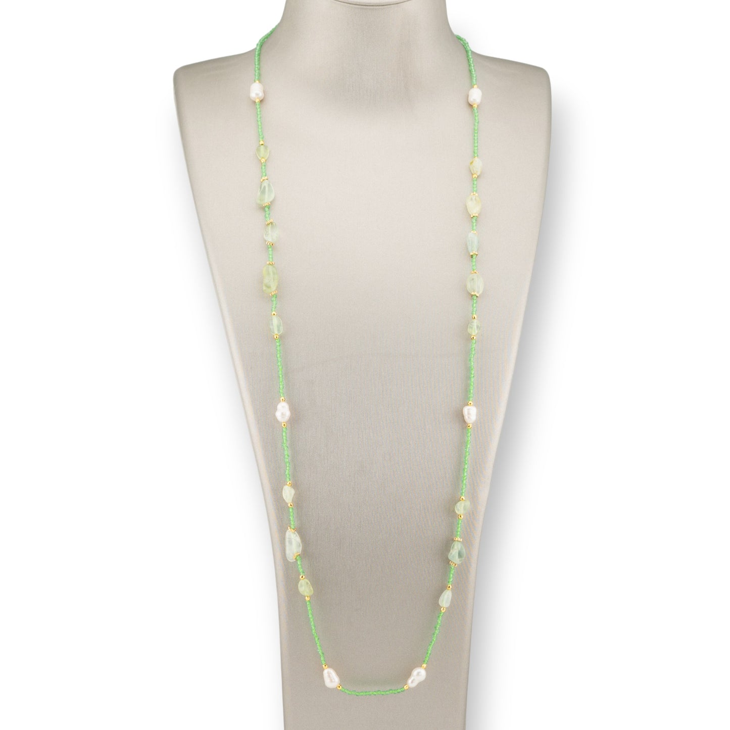 CZ Crystal Bijoux Necklace With Hard Stones, River Pearls And Hematite 90cm Light Green