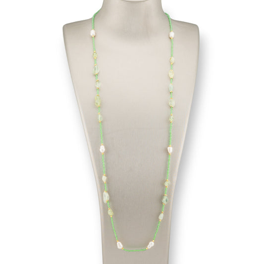 CZ Crystal Bijoux Necklace With Hard Stones, River Pearls And Hematite 90cm Light Green