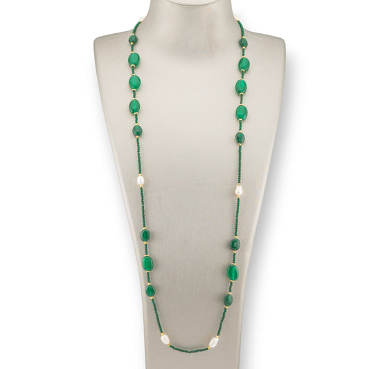 CZ Crystal Bijoux Necklace With Hard Stones, River Pearls And Hematite 90cm Emerald Green