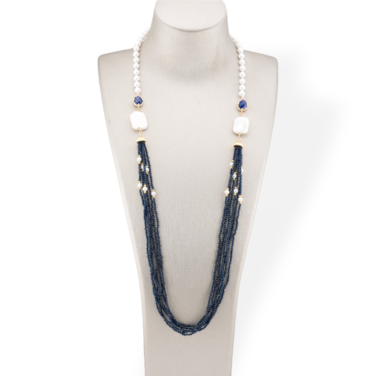 Mallorca Pearl and CZ Crystals Bijoux Necklace With Baroque River Pearls 90cm Blue